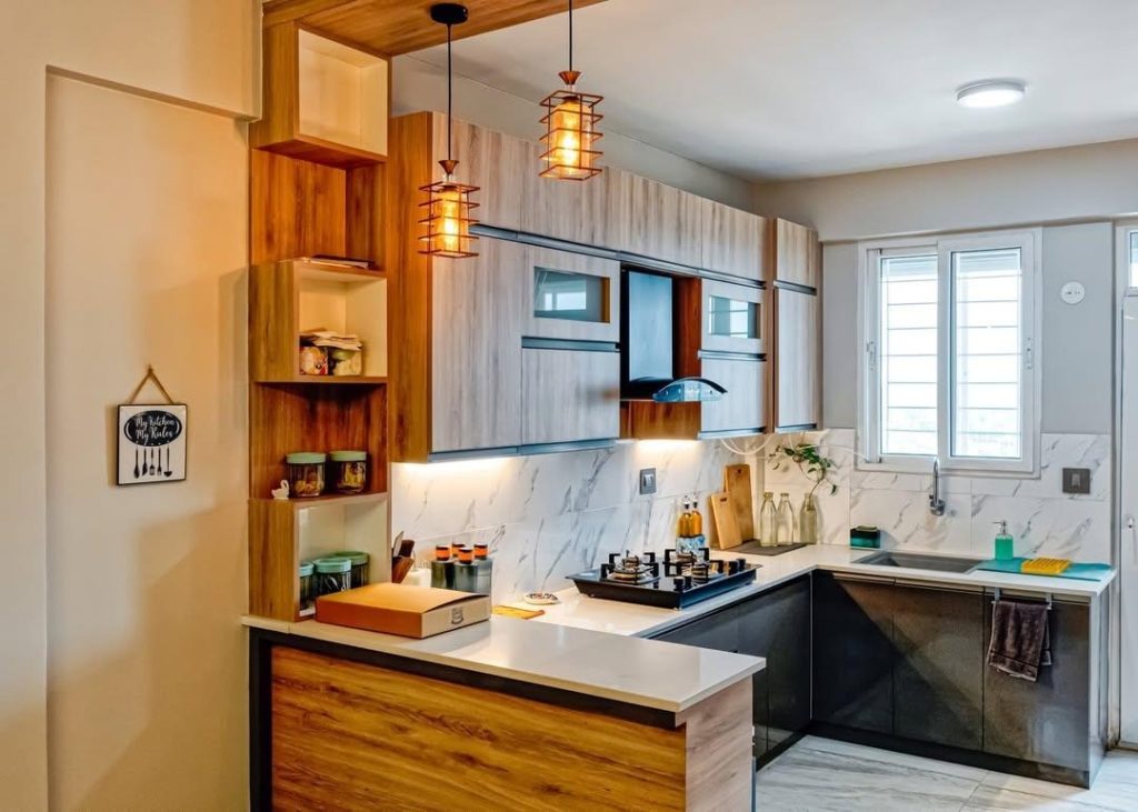 Warm wood uppers and charcoal lowers replace the flat, all-white look.
